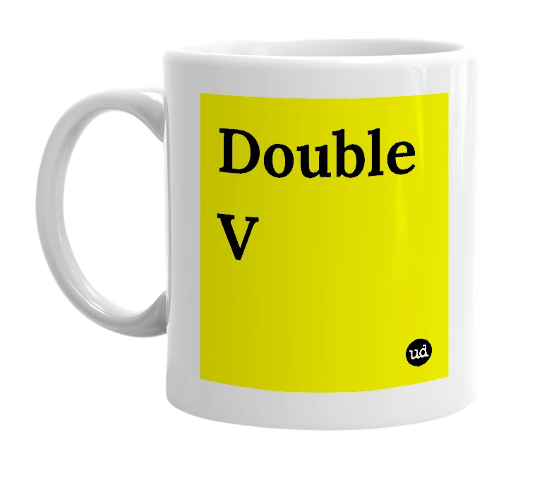 White mug with 'Double V' in bold black letters