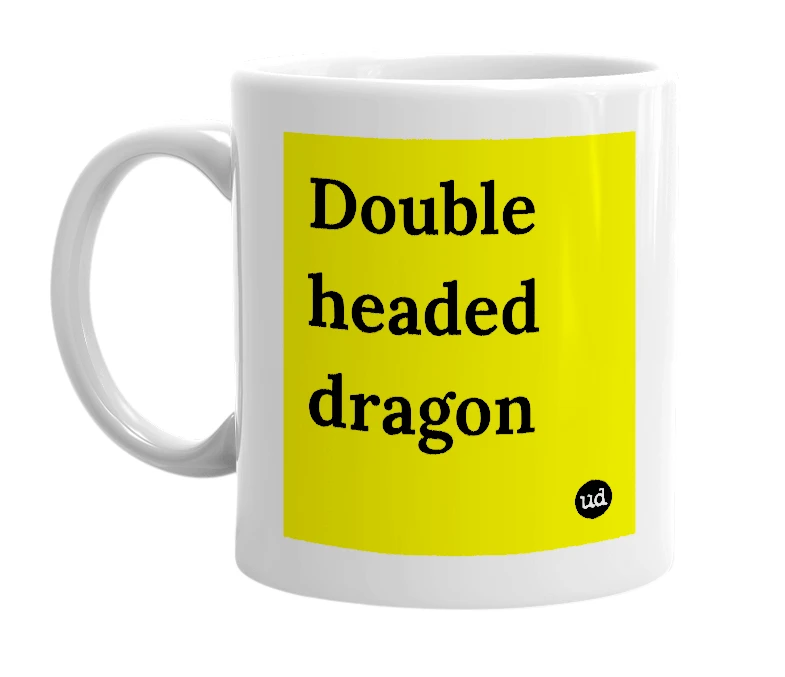 White mug with 'Double headed dragon' in bold black letters