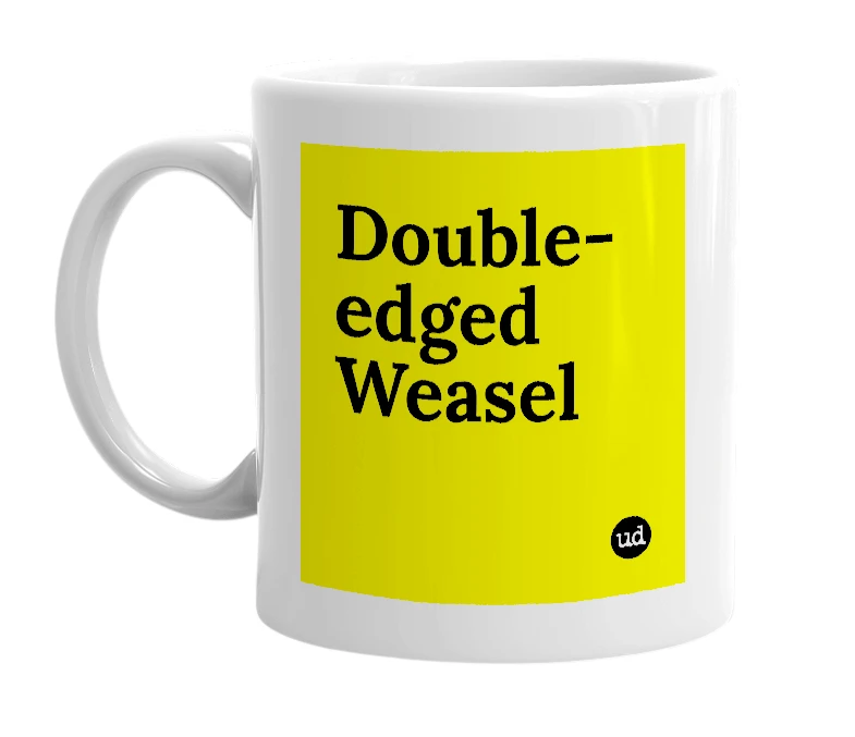 White mug with 'Double-edged Weasel' in bold black letters