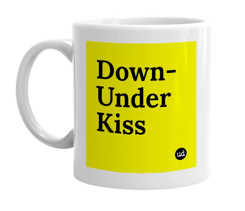 White mug with 'Down-Under Kiss' in bold black letters