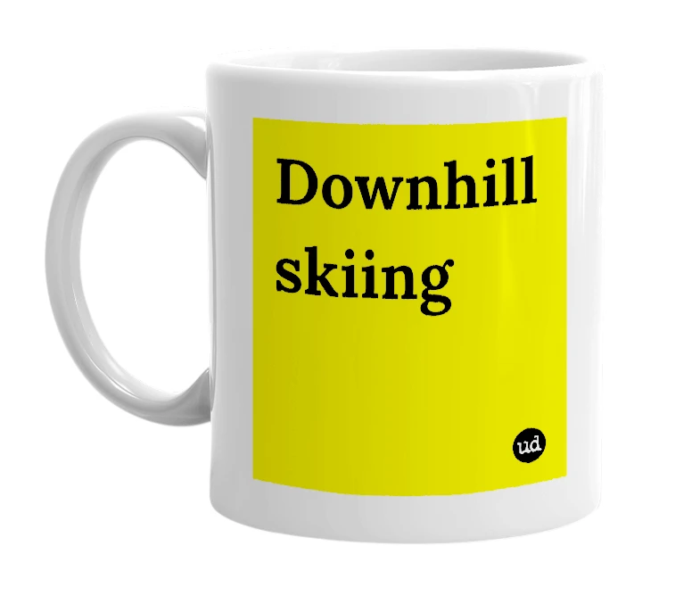 White mug with 'Downhill skiing' in bold black letters