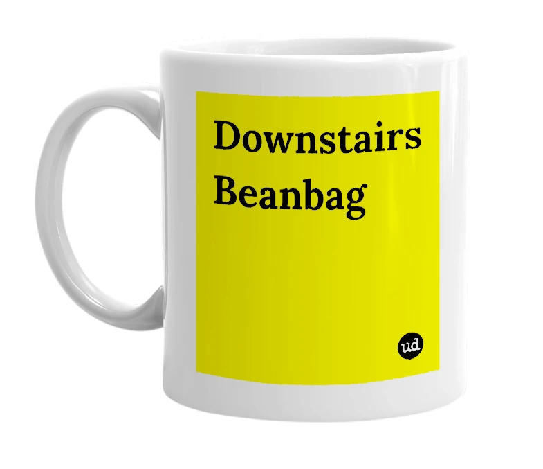 White mug with 'Downstairs Beanbag' in bold black letters