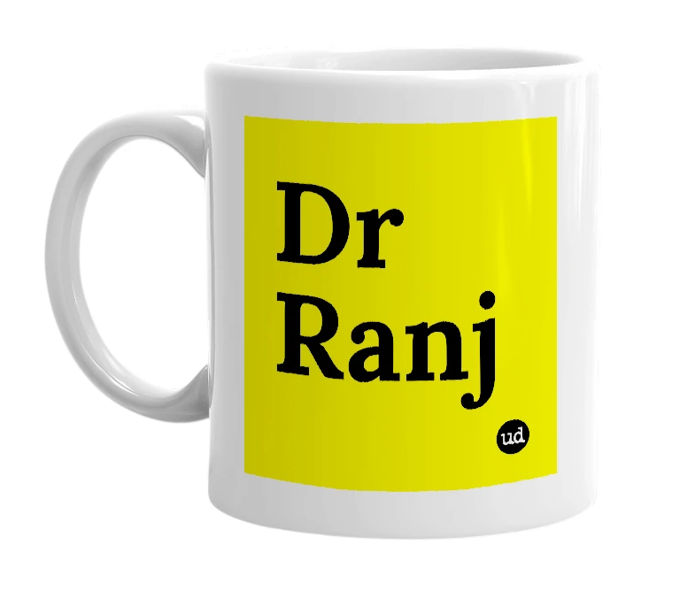 White mug with 'Dr Ranj' in bold black letters