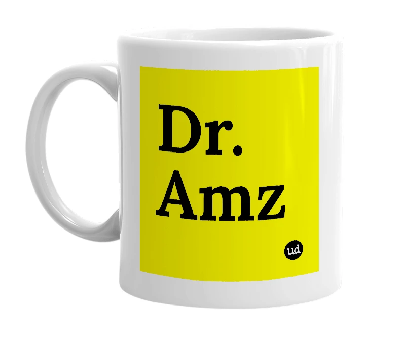 White mug with 'Dr. Amz' in bold black letters