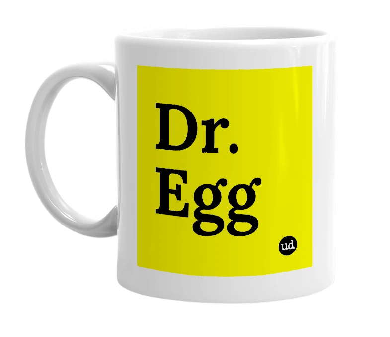 White mug with 'Dr. Egg' in bold black letters