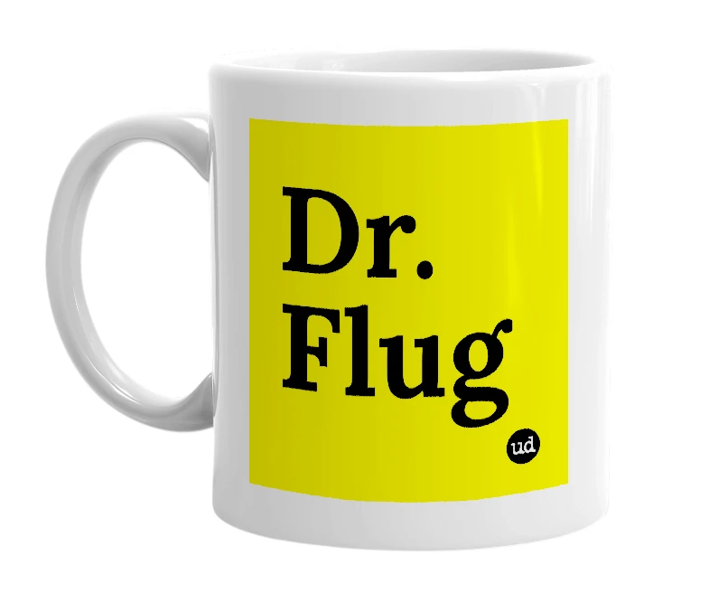 White mug with 'Dr. Flug' in bold black letters