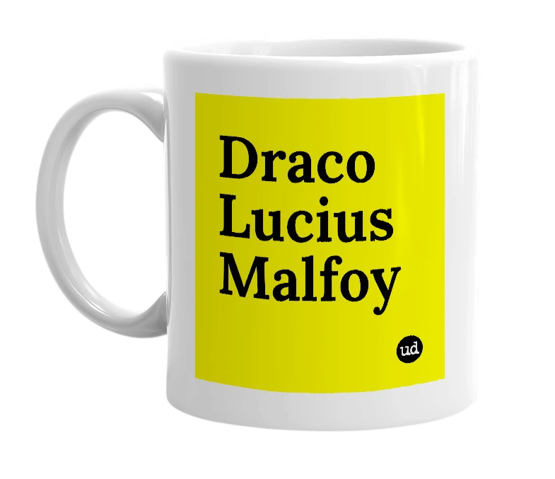 White mug with 'Draco Lucius Malfoy' in bold black letters