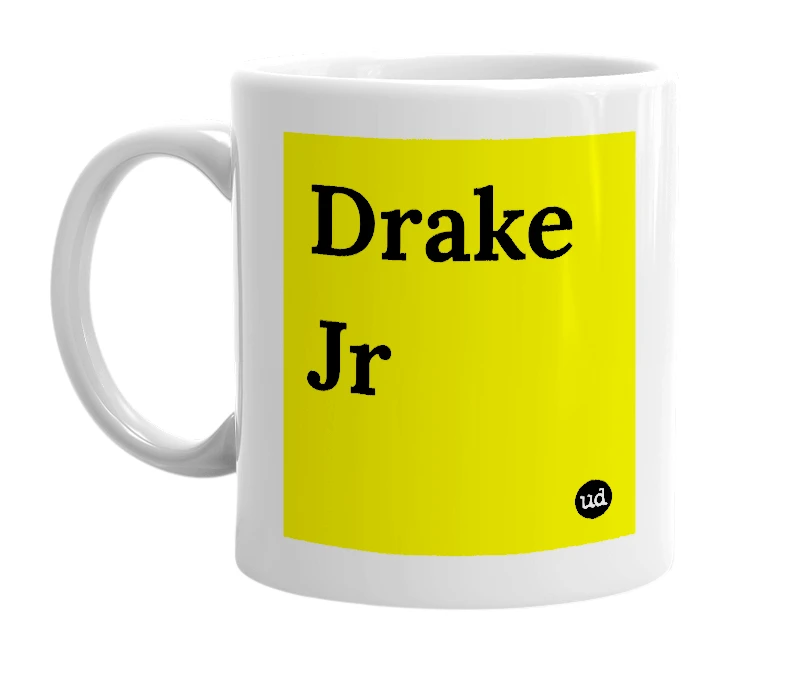 White mug with 'Drake Jr' in bold black letters