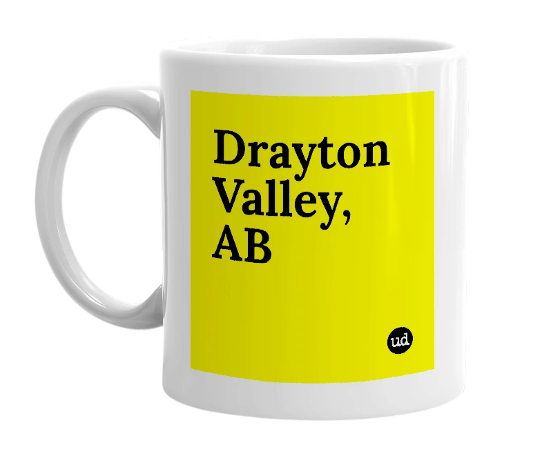 White mug with 'Drayton Valley, AB' in bold black letters