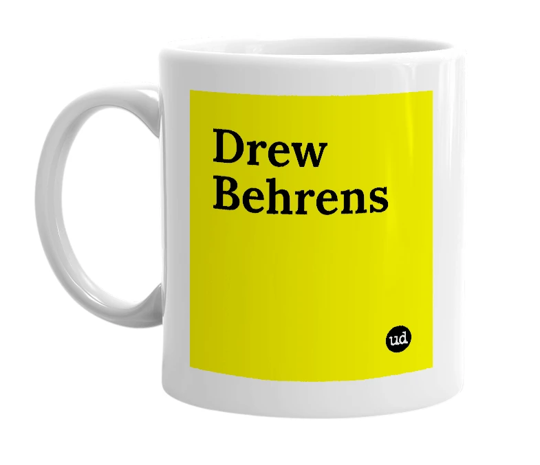 White mug with 'Drew Behrens' in bold black letters