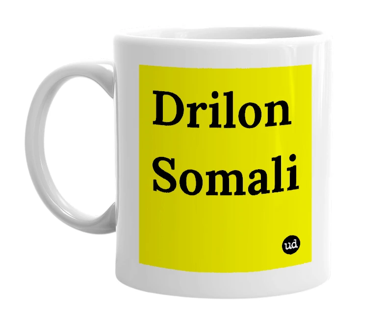 White mug with 'Drilon Somali' in bold black letters