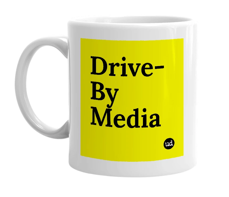 White mug with 'Drive-By Media' in bold black letters