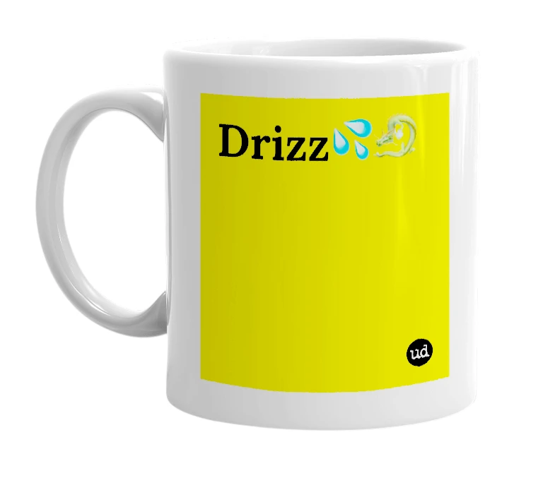 White mug with 'Drizz💦🐉' in bold black letters