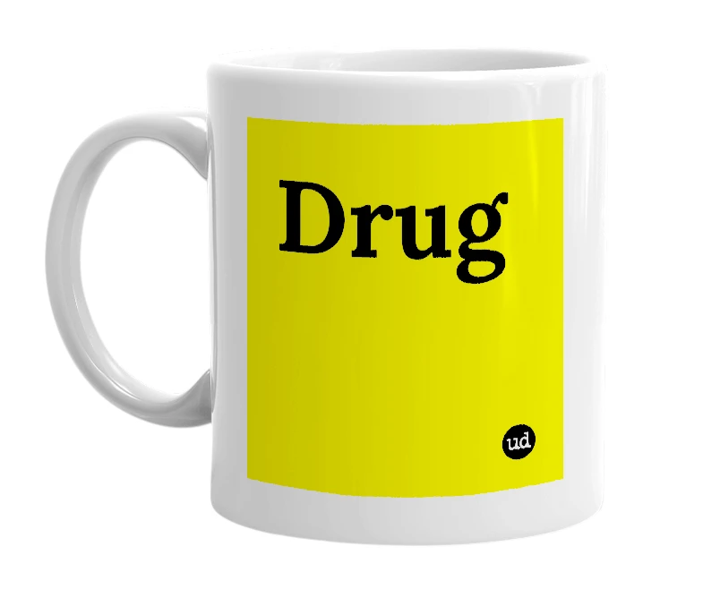 White mug with 'Drug' in bold black letters