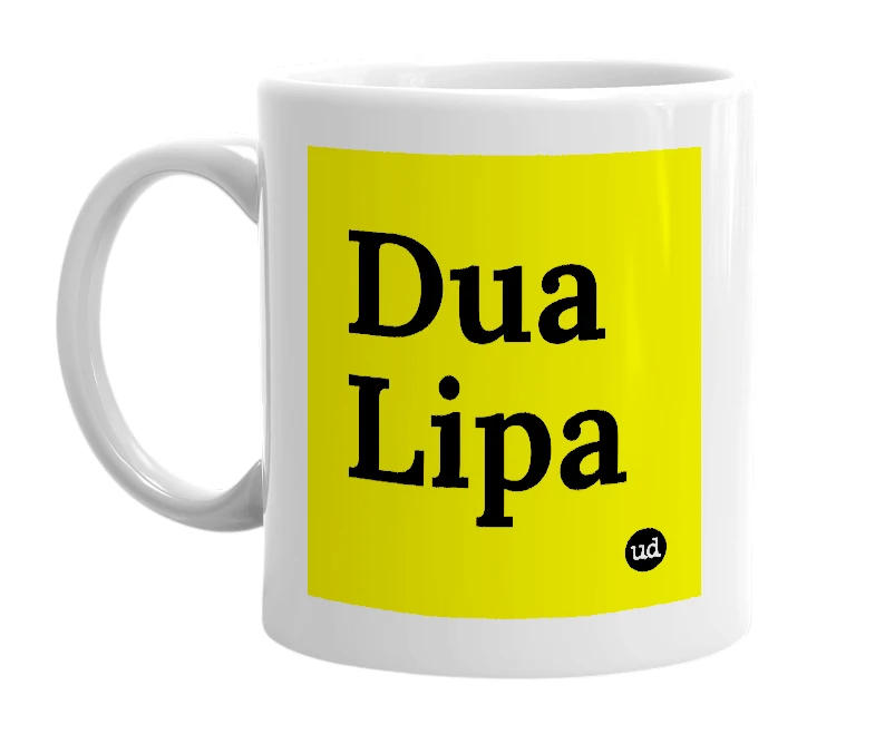 White mug with 'Dua Lipa' in bold black letters