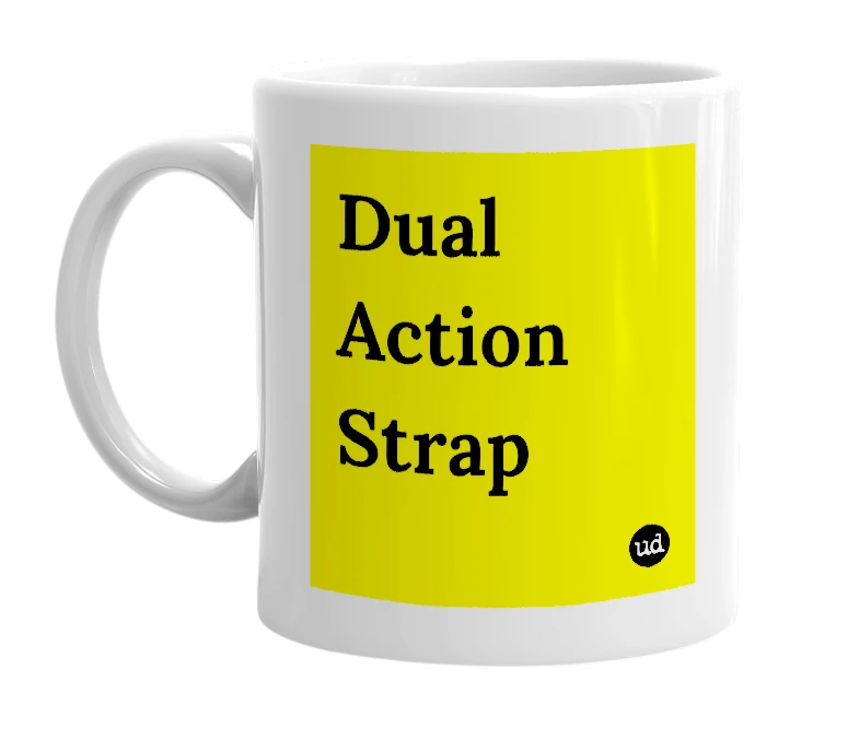 White mug with 'Dual Action Strap' in bold black letters