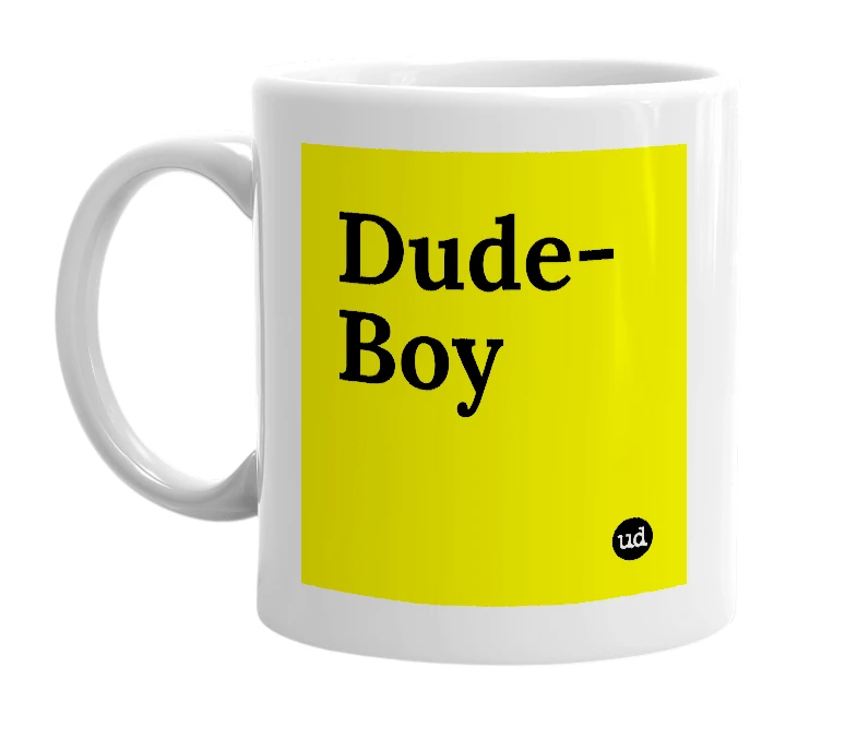 White mug with 'Dude-Boy' in bold black letters