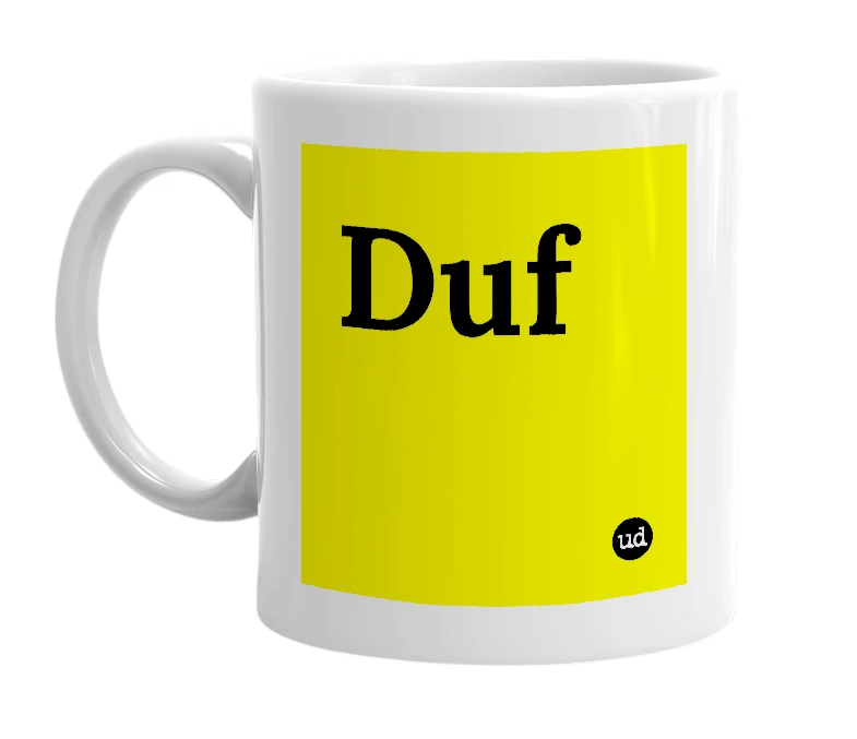 White mug with 'Duf' in bold black letters