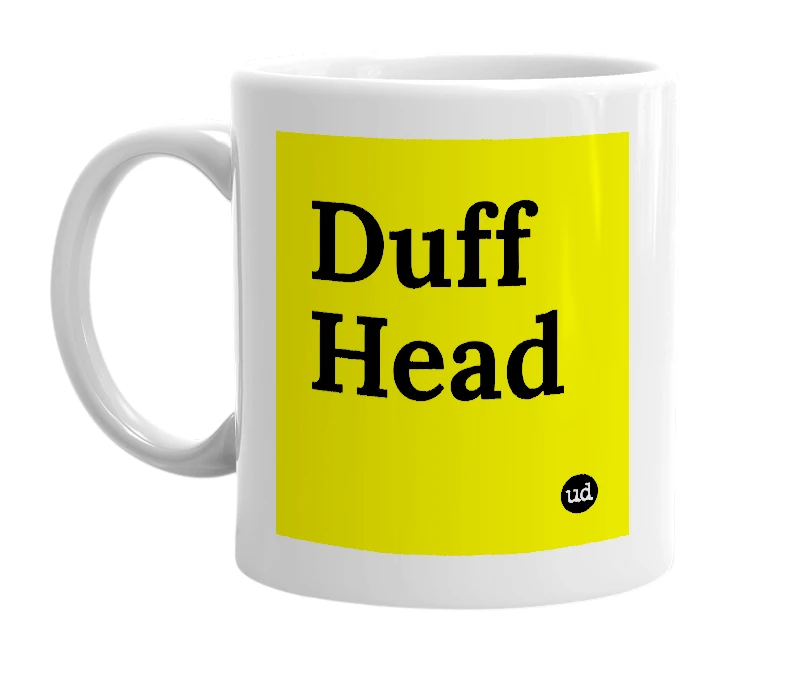 White mug with 'Duff Head' in bold black letters