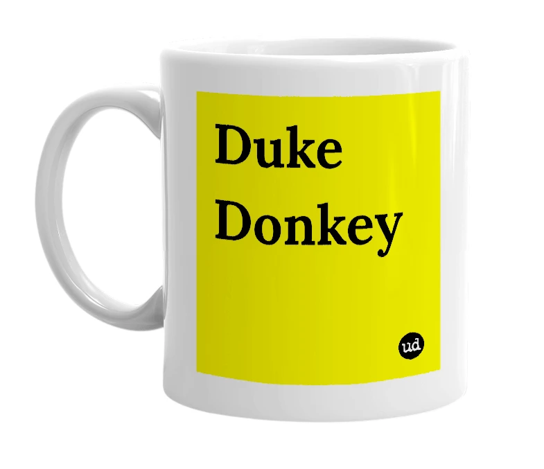 White mug with 'Duke Donkey' in bold black letters