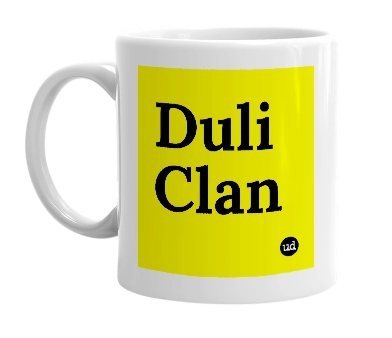 White mug with 'Duli Clan' in bold black letters