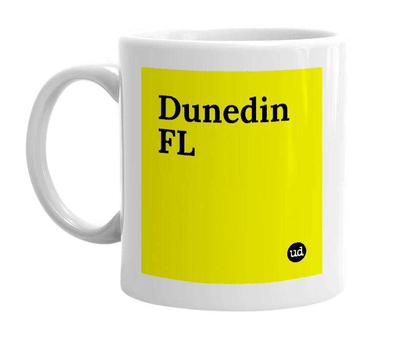 White mug with 'Dunedin FL' in bold black letters