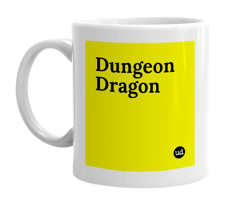 White mug with 'Dungeon Dragon' in bold black letters