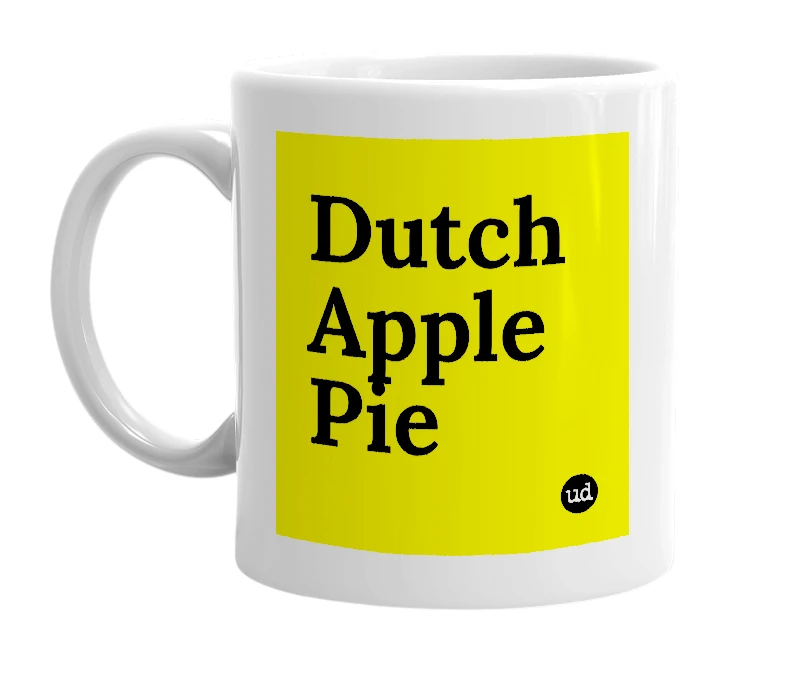 White mug with 'Dutch Apple Pie' in bold black letters