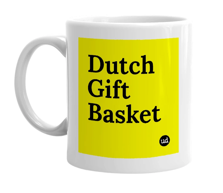White mug with 'Dutch Gift Basket' in bold black letters