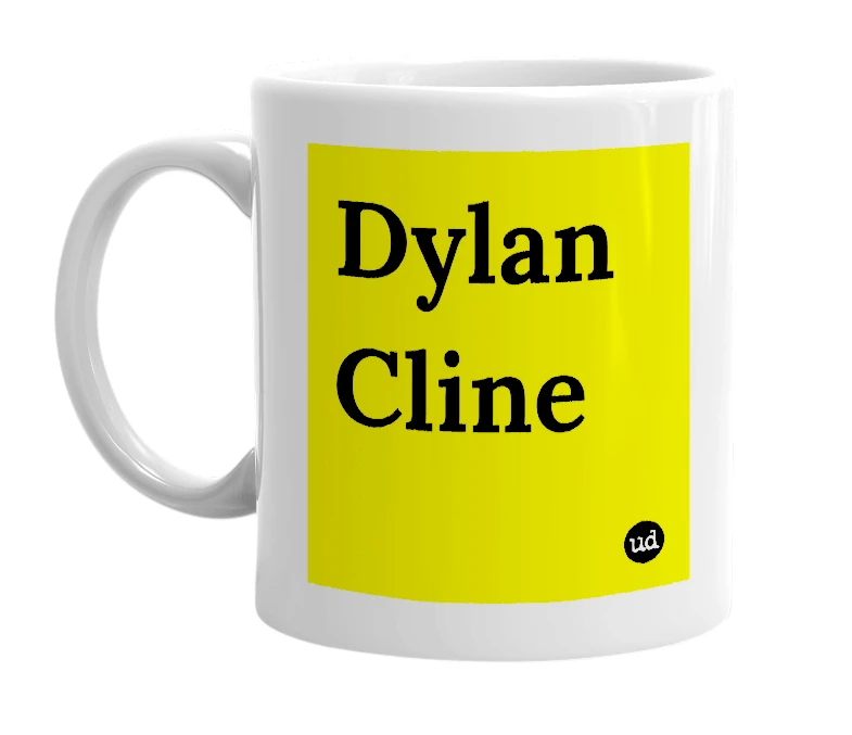 White mug with 'Dylan Cline' in bold black letters