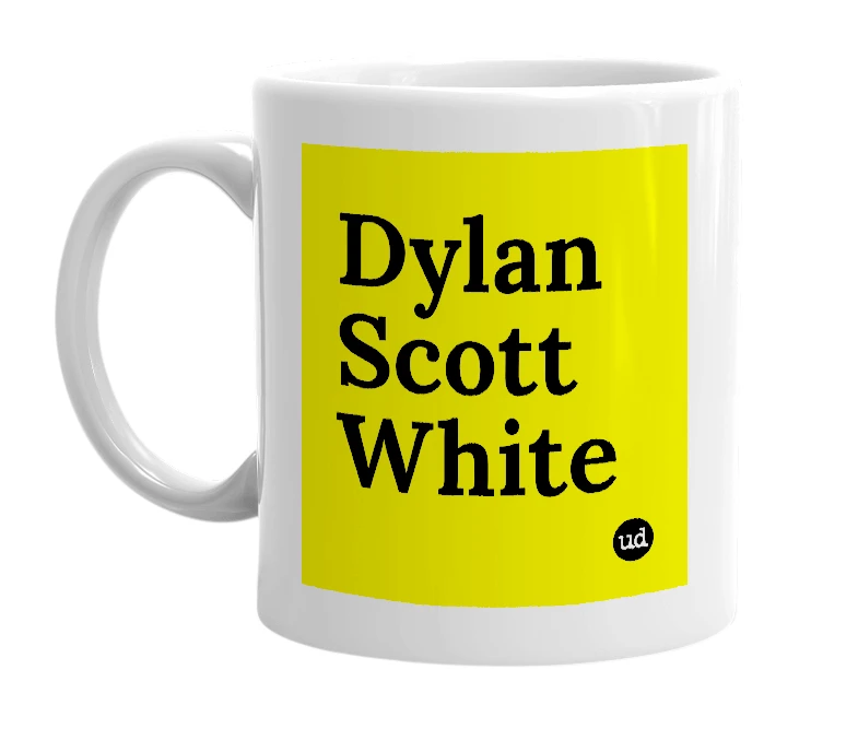 White mug with 'Dylan Scott White' in bold black letters
