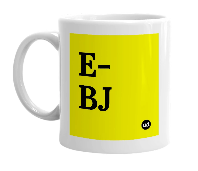 White mug with 'E-BJ' in bold black letters