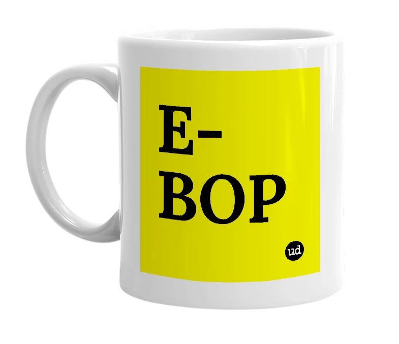 White mug with 'E-BOP' in bold black letters