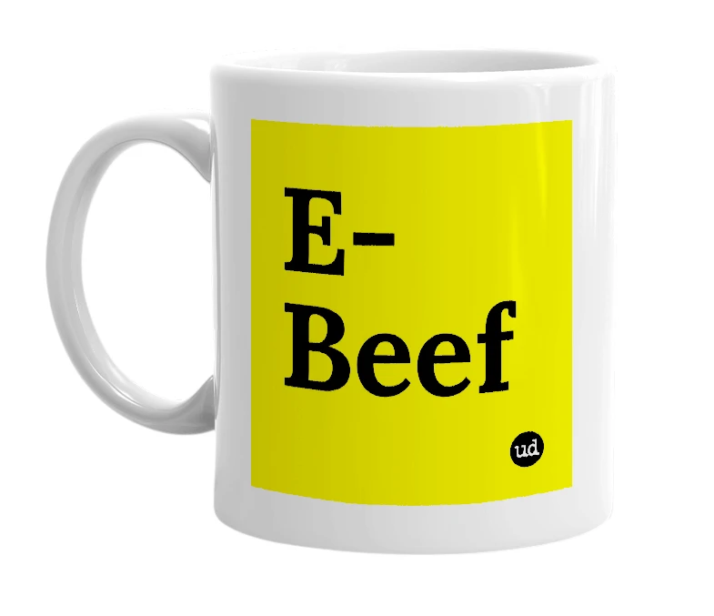 White mug with 'E-Beef' in bold black letters