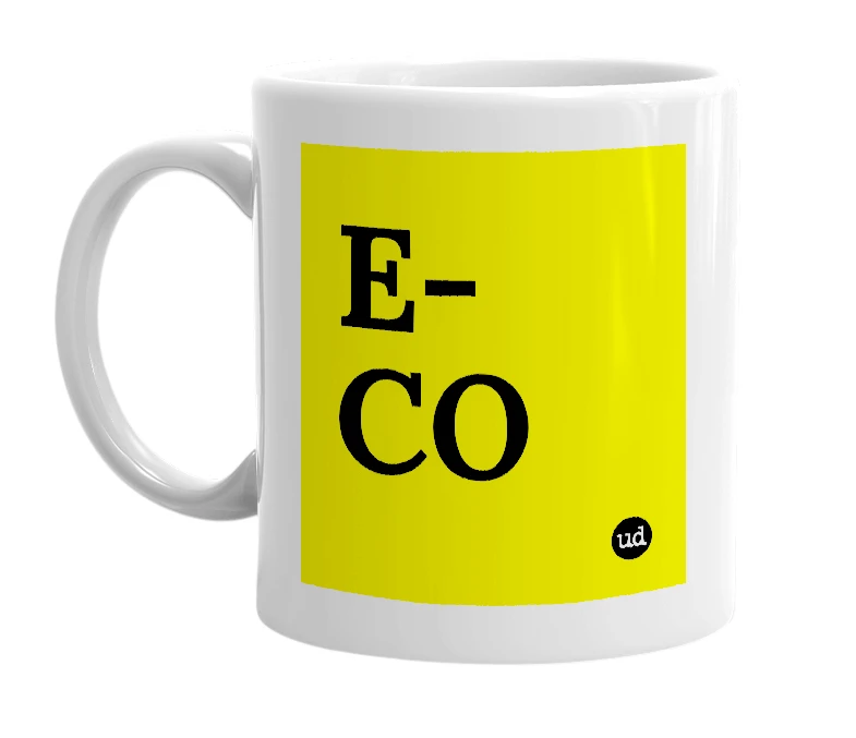 White mug with 'E-CO' in bold black letters