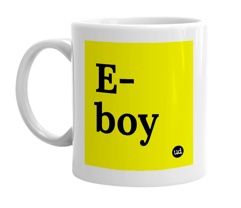 White mug with 'E-boy' in bold black letters