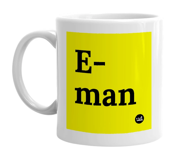 White mug with 'E-man' in bold black letters