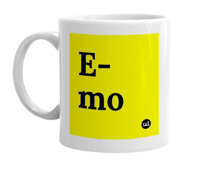 White mug with 'E-mo' in bold black letters