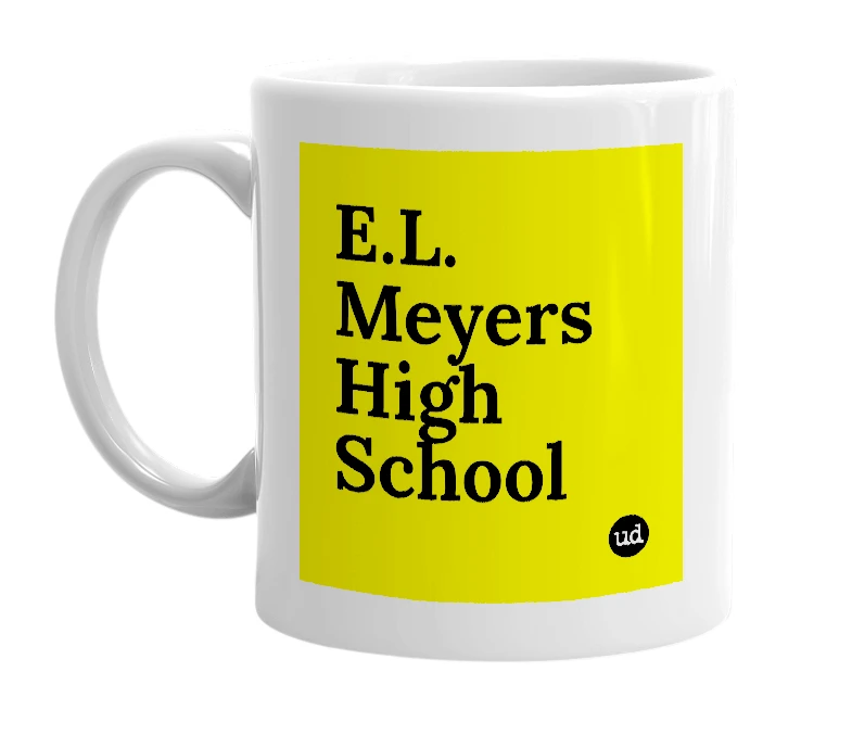 White mug with 'E.L. Meyers High School' in bold black letters