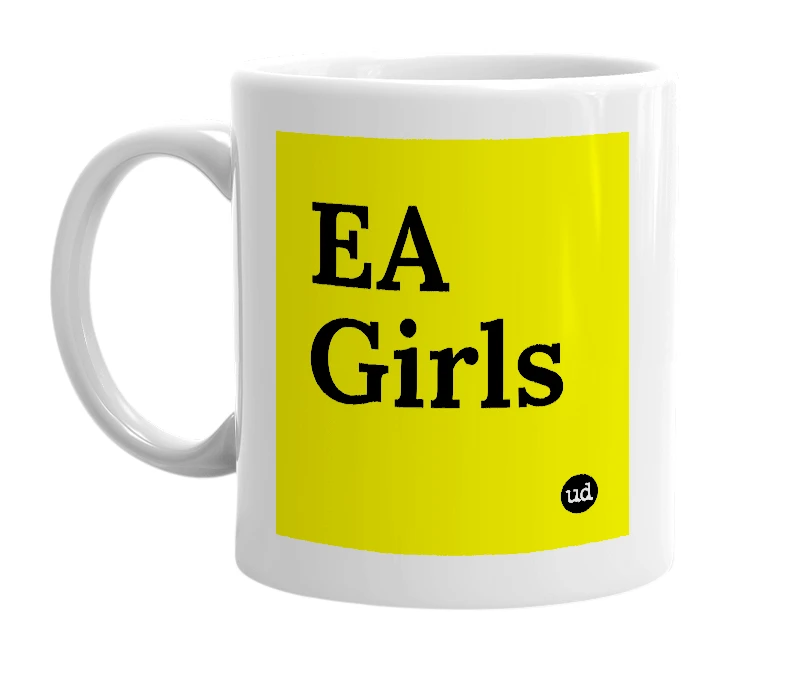 White mug with 'EA Girls' in bold black letters