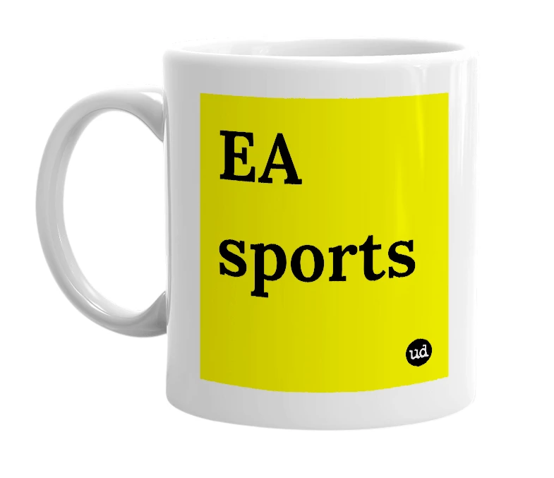 White mug with 'EA sports' in bold black letters