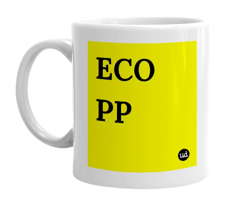 White mug with 'ECO PP' in bold black letters