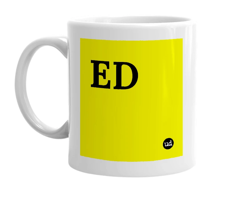 White mug with 'ED' in bold black letters