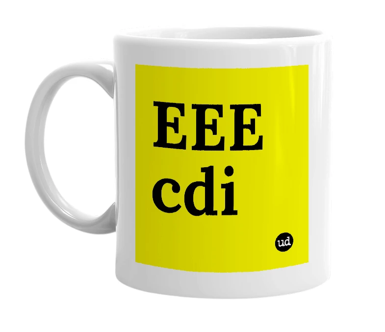 White mug with 'EEE cdi' in bold black letters