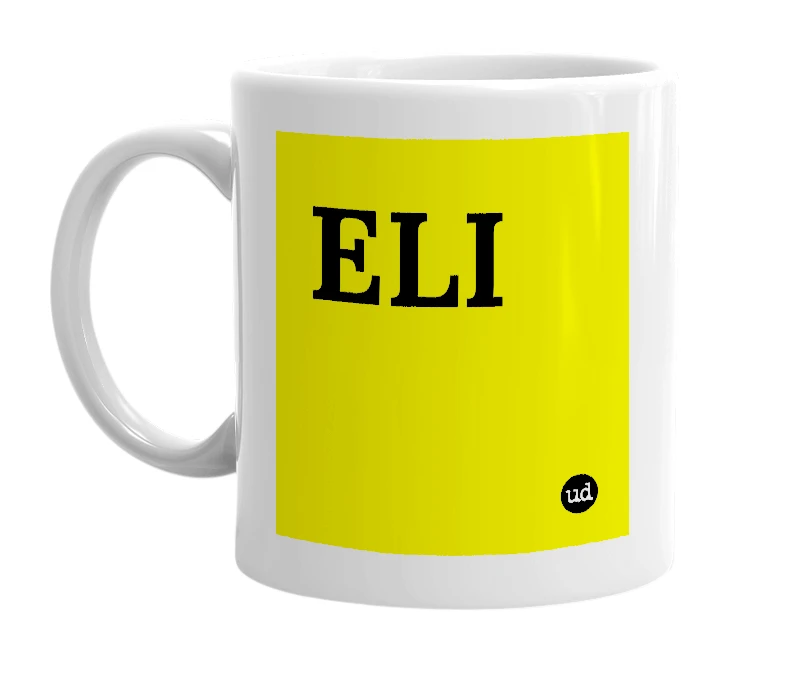 White mug with 'ELI' in bold black letters