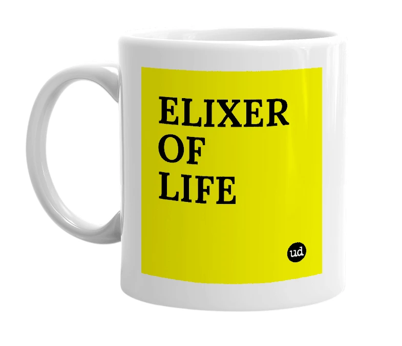 White mug with 'ELIXER OF LIFE' in bold black letters