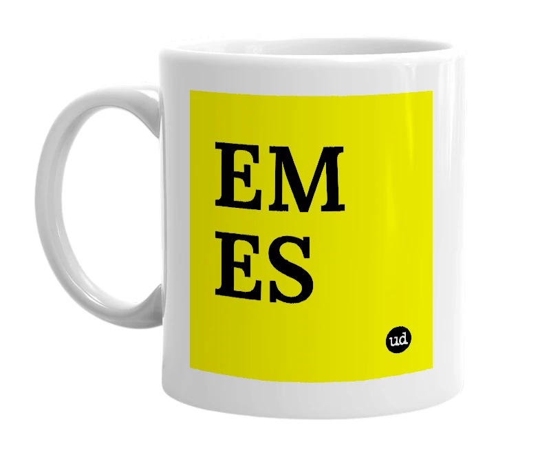 White mug with 'EM ES' in bold black letters