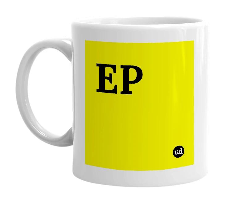 White mug with 'EP' in bold black letters