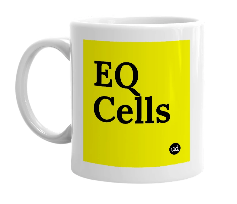 White mug with 'EQ Cells' in bold black letters