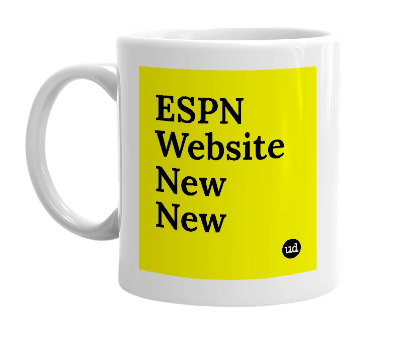 White mug with 'ESPN Website New New' in bold black letters